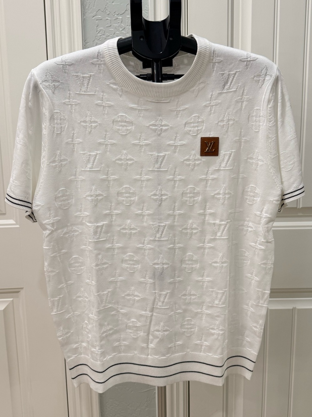 Louis Vuitton White Short-Sleeve Monogram Knit Tee with Brown LV Patch